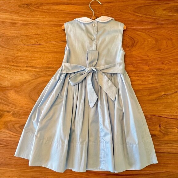 Solid Blue Smocked Dress Pink Rose Embroidery Peter Pan Collar & Sock Bundle - Picture 7 of 14